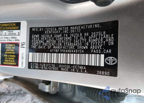 2017 Toyota Camry Le z USA, uszkodzony, nr VIN 4T1BF1FK4HU449154